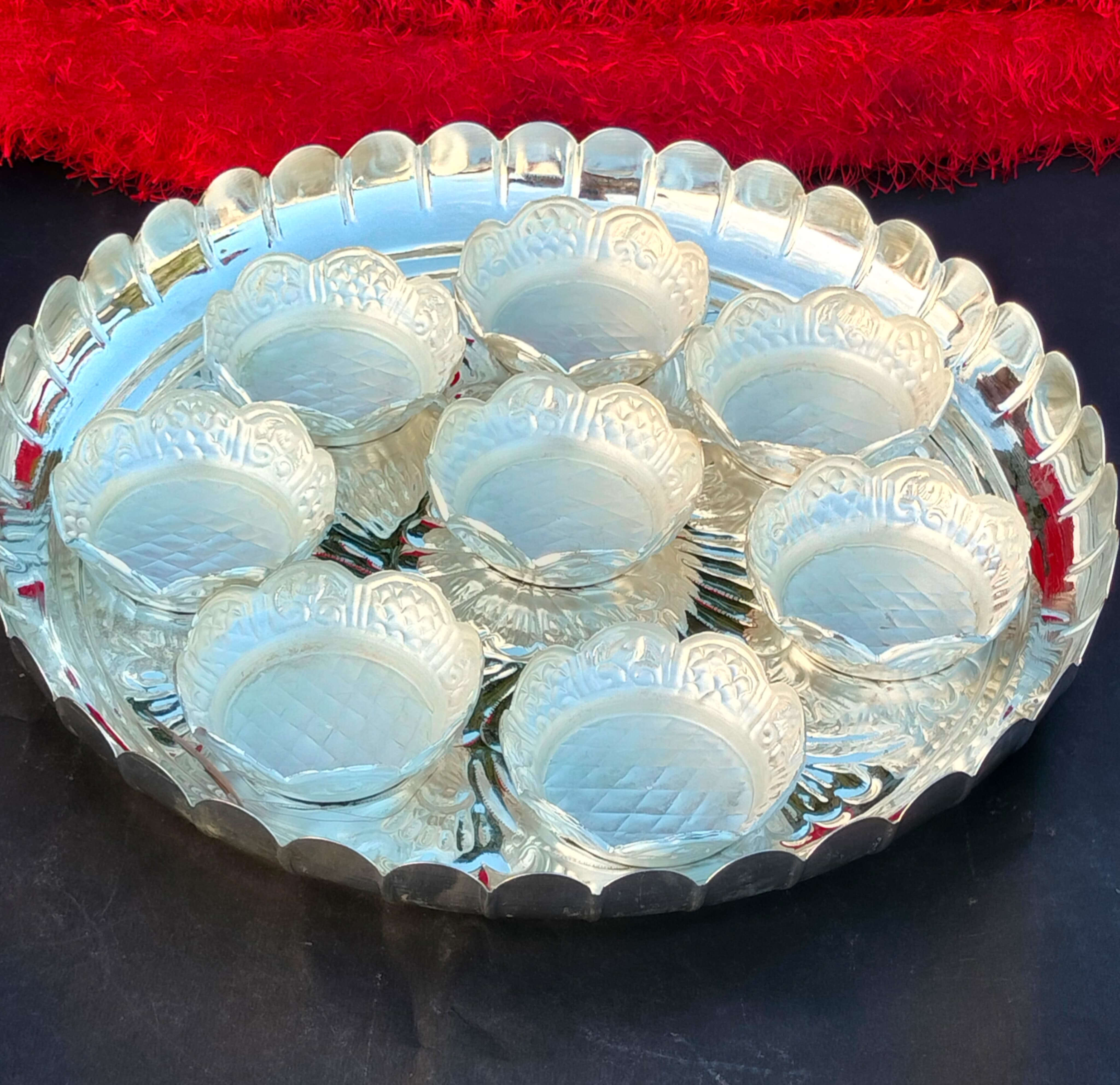 German silver flower tray with bowl set for Diwali prasad/ sweet/ snacks/ housewarming